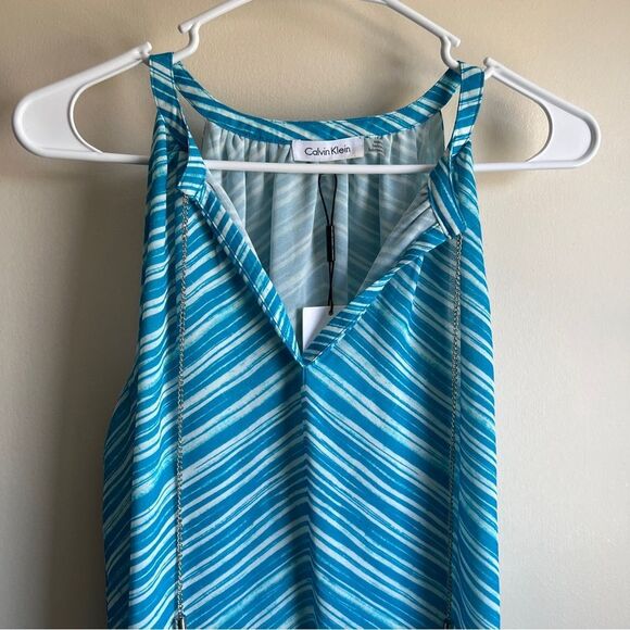 Calvin Klein Blue Patterned Tassel Tie Sleeveless Blouse Career Tank Top NWT - Picture 3 of 7